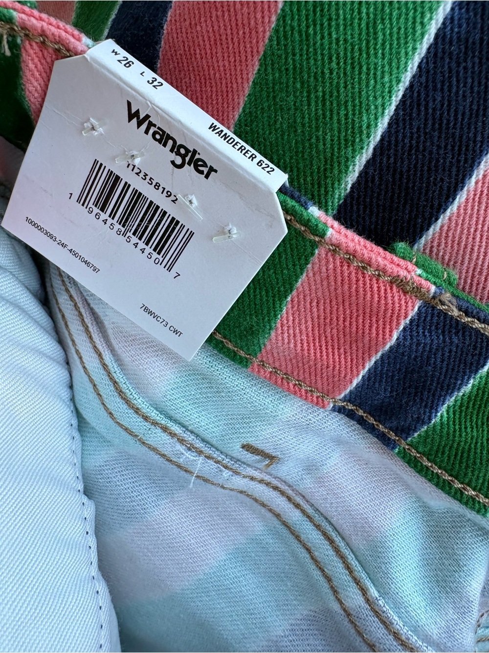 Wrangler Wanderer Striped Flare Pants in Green, Pink & Navy - Picture 9 of 14